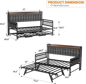 Garvee Daybed with Trundle, Metal Twin Bed Frame with Upholstered Storage Headboard, Charging Station & LED, Sofa Bed with, Side Pockets, Sturdy Supports for Living Room and Bedroom, Black