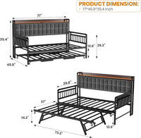 Garvee Daybed with Trundle, Metal Twin Bed Frame with Upholstered Storage Headboard, Charging Station & LED, Sofa Bed with, Side Pockets, Sturdy Supports for Living Room and Bedroom, Black