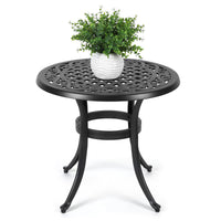 Durable outdoor bistro table, adjustable foot pads, perfect for garden or balcony. 
