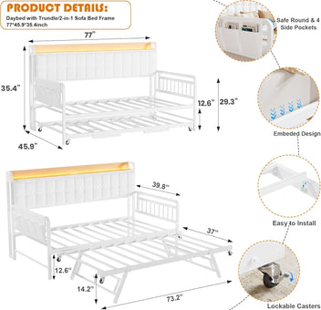 Garvee Daybed with Trundle, Twin Bed Frame with LED Light & Charing Station, Sofa Bed with Upholstered Storage Headboard and Heavy Duty Metal Slats, for Living Room, Bedroom, Guest Room, Gray/Beige