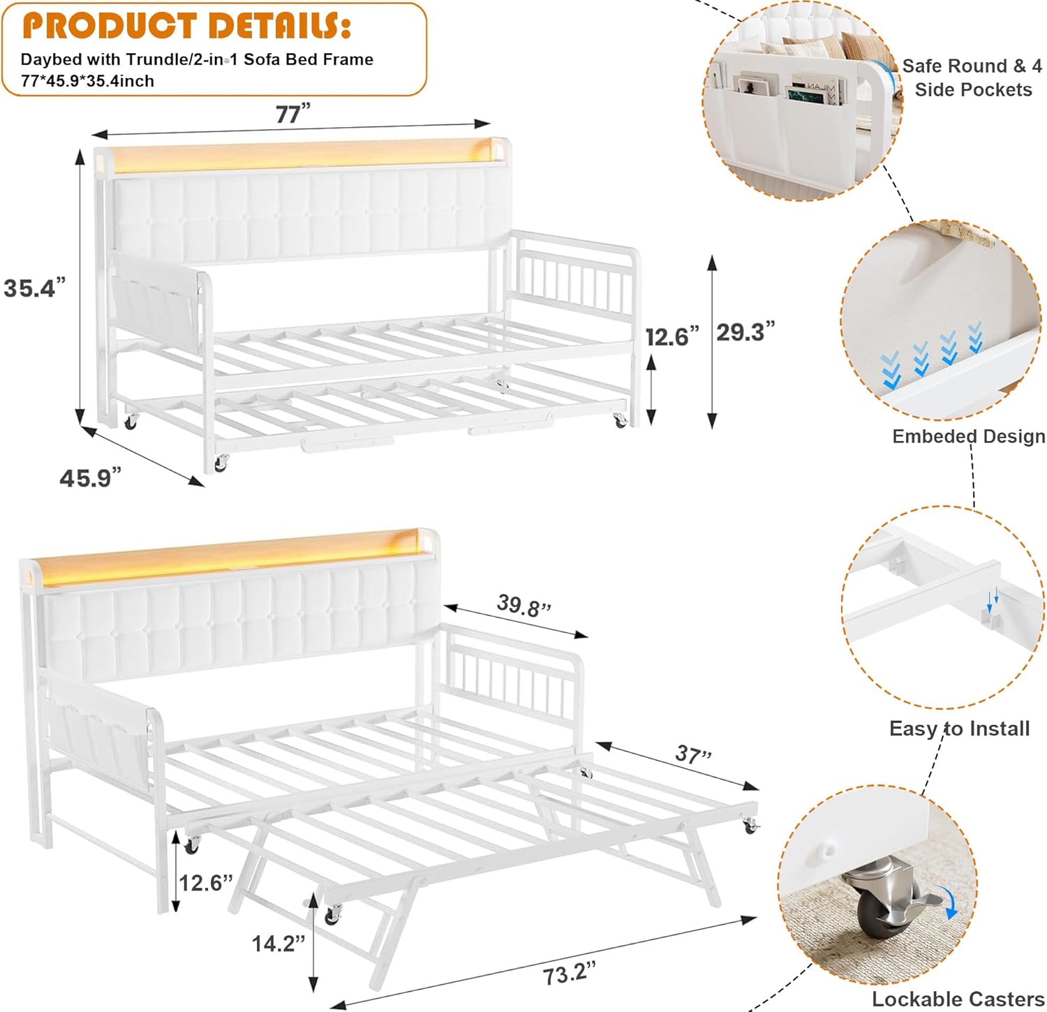 Garvee Daybed with Trundle, Twin Bed Frame with LED Light & Charing Station, Sofa Bed with Upholstered Storage Headboard and Heavy Duty Metal Slats, for Living Room, Bedroom, Guest Room, Gray/Beige