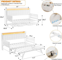 Garvee Daybed with Trundle, Twin Bed Frame with LED Light & Charing Station, Sofa Bed with Upholstered Storage Headboard and Heavy Duty Metal Slats, for Living Room, Bedroom, Guest Room, Gray/Beige