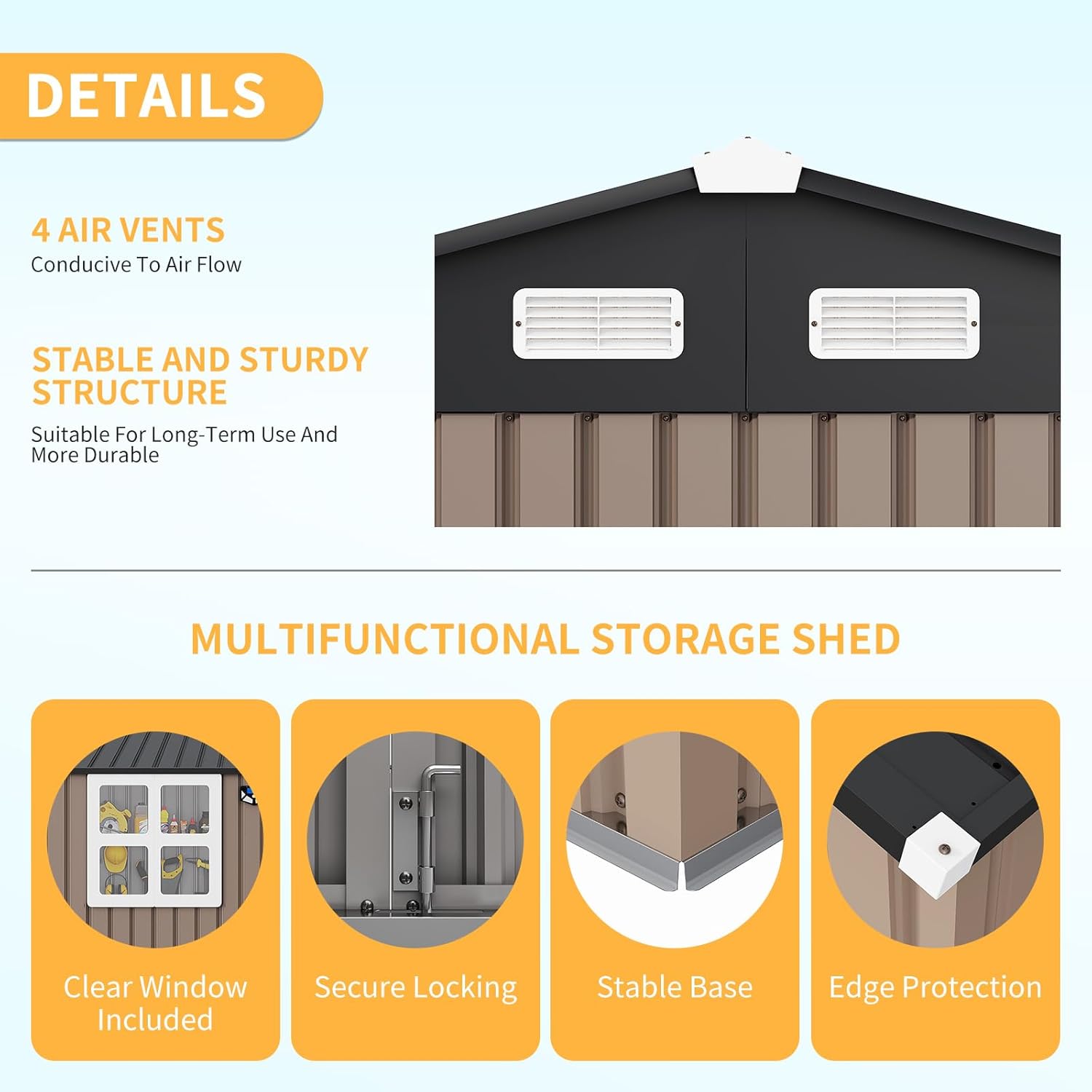 Garvee 6x8 ft Metal Storage Shed Heavy-Duty Galvanized Steel Lockable Door Sloped Roof Windows Backyard Garden Patio