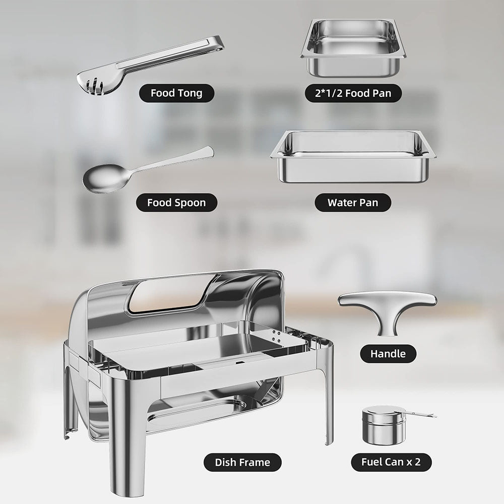 Garvee 9QT(2x1/2Pan)Rectangle Roll Top Chafing Dish Buffet Set, Stainless Steel Chafing Dish Set Equipped with Full Size Pan Chafer for Wedding,Parties,Banquet,Catering Event,1 Pack
