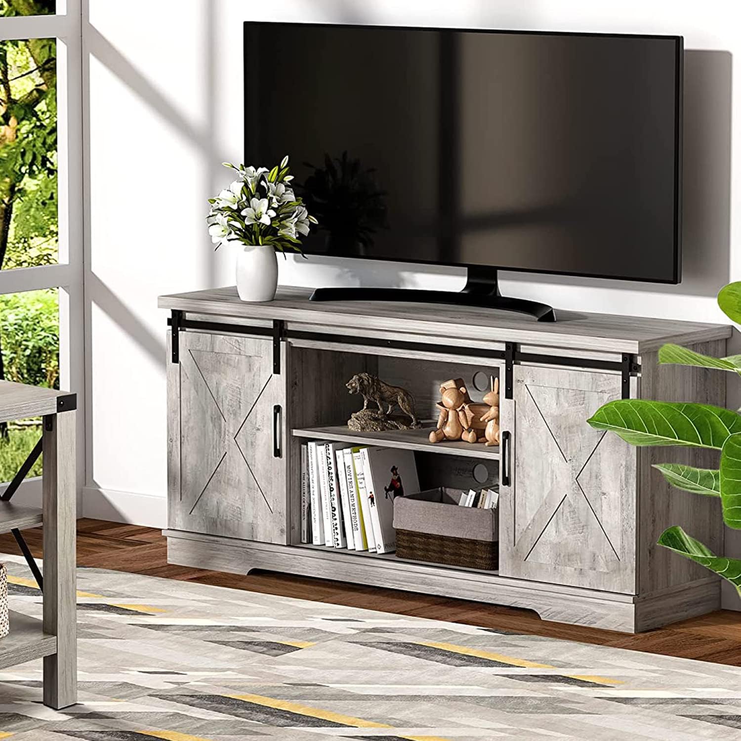 Garvee 59 inch Farmhouse TV Stand, Cabinet with Barn Doors, Wood Media Console for Living Bedroom, 250 lbs Capacity, Grey