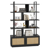 Garvee 5 Tier Rattan Bookshelf with Storage Cabinet & Door, 71.1 Inch Tall Industrial Book Shelf, Metal Frame, Anti-Tipping, Easy Assembly - Black