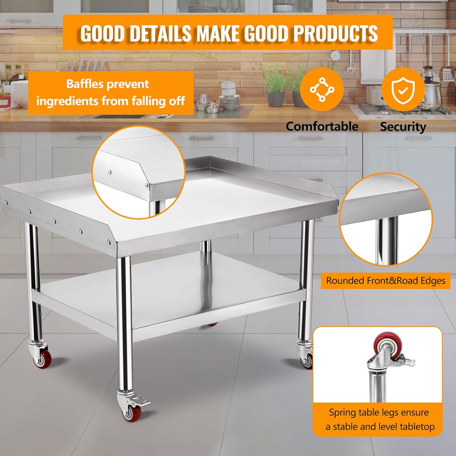GARVEE 24"L x 24"W x 29"H Stainless Steel Equipment Grill Stand Table - 1000 lbs Top Shelf, 220 lbs Bottom Shelf, 2" Edge Baffle, with Wheels for Home, Hotel, and Commercial Kitchens