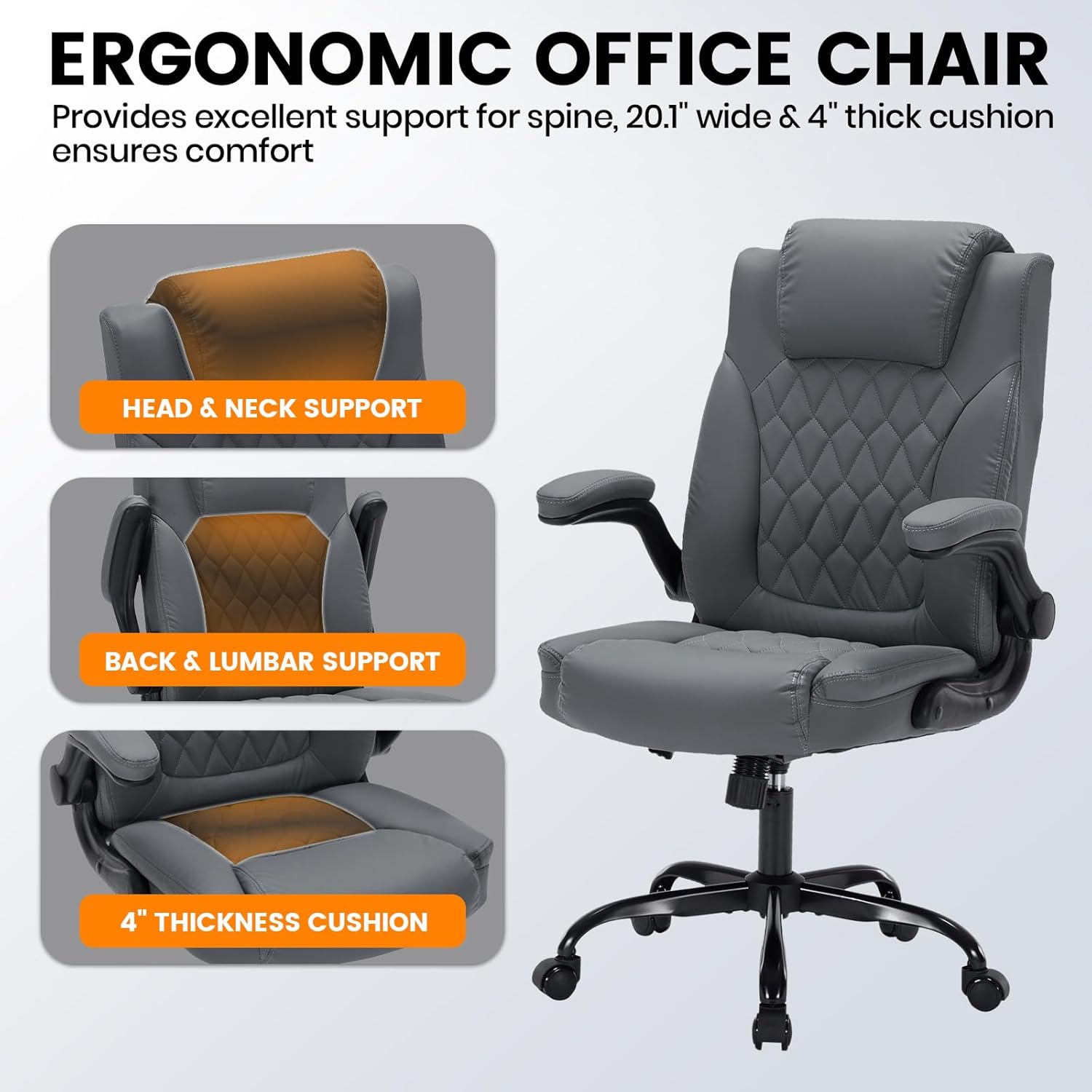 Garvee PU Leather Executive Office Desk Chair, 350lbs Capacity Computer Desk Chair with Padded Flip-Up Arms, Tilt Lock & 360° Swivel Free Wheels, Ergonomic Office Chair for Heavy People, Gray
