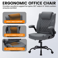 Garvee PU Leather Executive Office Desk Chair, 350lbs Capacity Computer Desk Chair with Padded Flip-Up Arms, Tilt Lock & 360° Swivel Free Wheels, Ergonomic Office Chair for Heavy People, Gray
