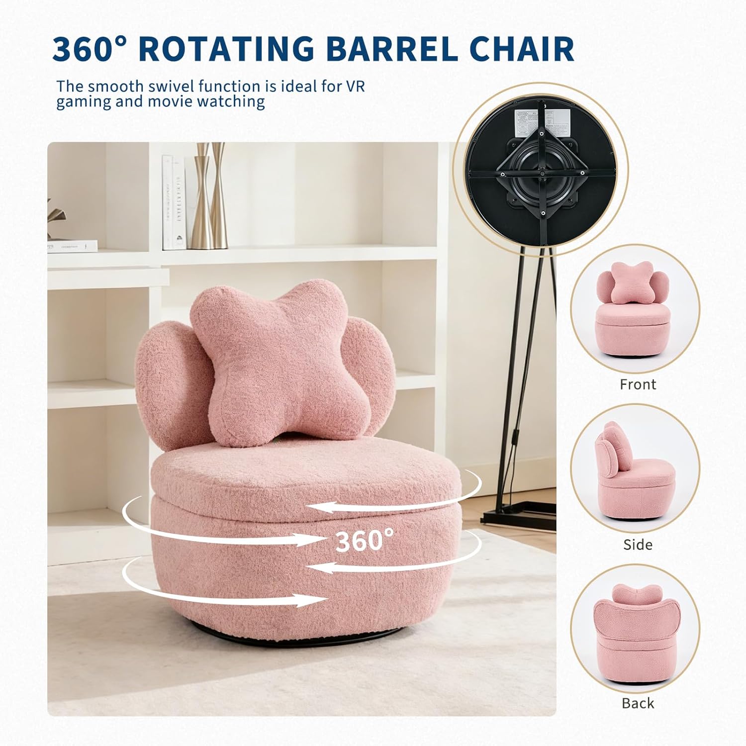 Garvee 360° Swivel Armchair with Storage, Teddy Velvet Accent Chair with Pillow, Ergonomic Design, 300 Lbs Capacity, Easy Assembly, Modern Lounge Chair for Living Room, Bedroom & Office, Pink