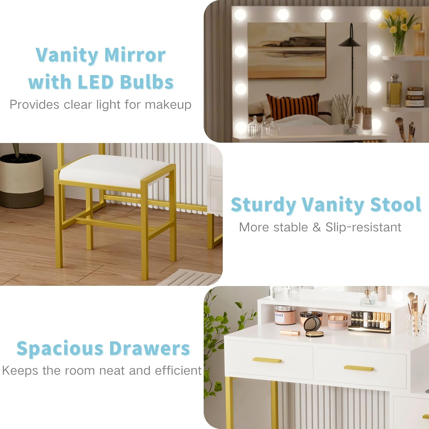 Garvee Makeup Vanity with Stool Charging Station, Vanity Desk with Mirror and Lights, Vanity Table Set with Storage Drawers Shelves, Makeup Dressing Table