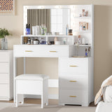 Garvee Vanity Desk, Makeup Vanity Desk with Mirror & Lights-3 Lighting Modes, 5 Large Drawers and 3 Tiers of Open Shelves for Bedroom