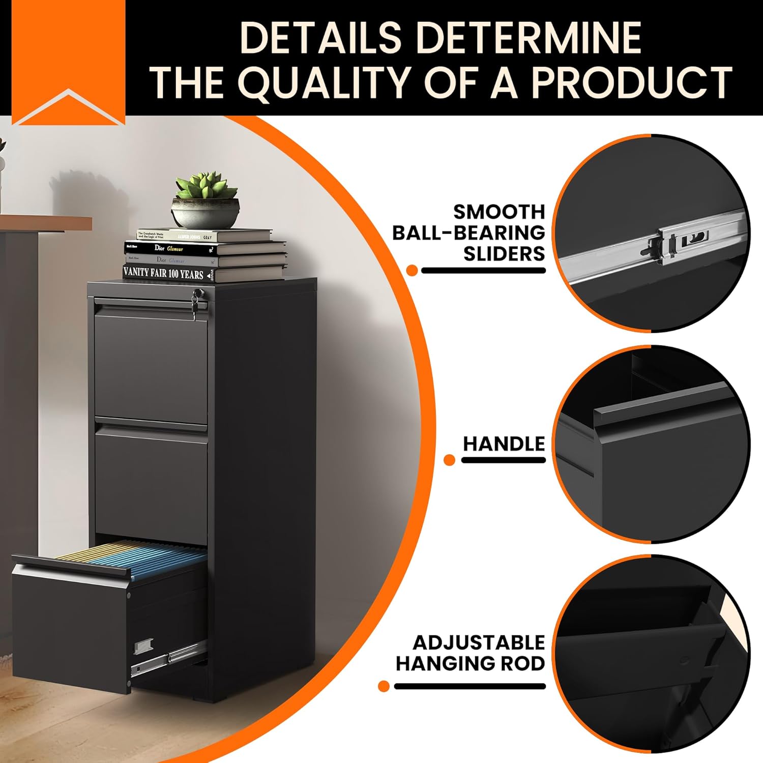 Garvee 3-Drawer File Cabinet with Lock, Heavy Duty Vertical Filing Cabinets for Home Office, Secure Locking Metal Steel Storage Cabinet for Letter/Legal Size File, Assembly Required, Black