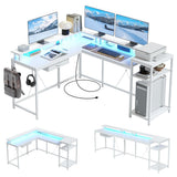 Garvee 68" L Shaped Gaming Desk with Power Outlets & LED Lights, Home Office Desk with File Drawer, Monitor Shelf, Hook, Reversible Design, MDF & Stainless Steel, Ideal for Small Spaces - White
