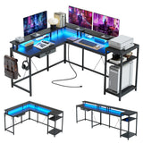 Garvee 68" L Gaming Desk with Drawer, Power Outlet & LED Lights - Black