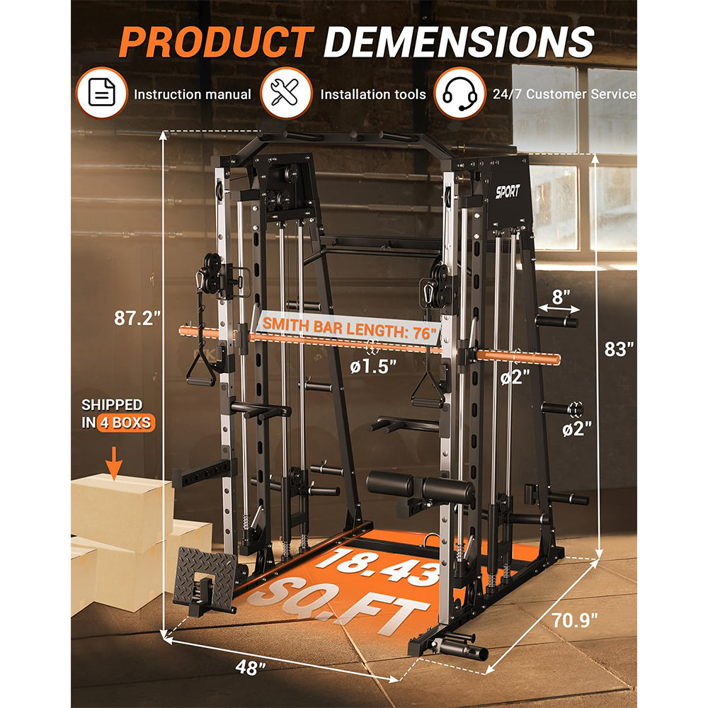 Garvee Smith Machines Home Gym with Bench, Squat Rack, Dual LAT Pull-Down Systems & Cable Crossover for Full-Body Workouts, Adjustable, Black
