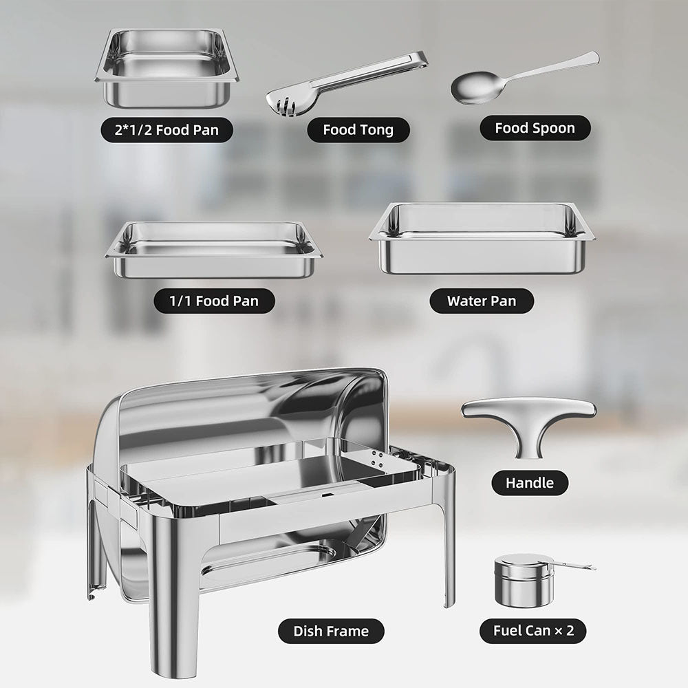 Garvee 9QT(1×1/1+2×1/2Pan)Stainless Steel Roll Top Chafing Dish ,Stainless Steel Chafing Dish Set Equipped with Full Size Pan Chafer for Wedding,Parties,Banquet,Catering Event,1 Pack