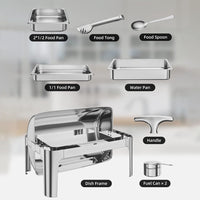 Garvee 9QT(1×1/1+2×1/2Pan)Stainless Steel Roll Top Chafing Dish ,Stainless Steel Chafing Dish Set Equipped with Full Size Pan Chafer for Wedding,Parties,Banquet,Catering Event,1 Pack