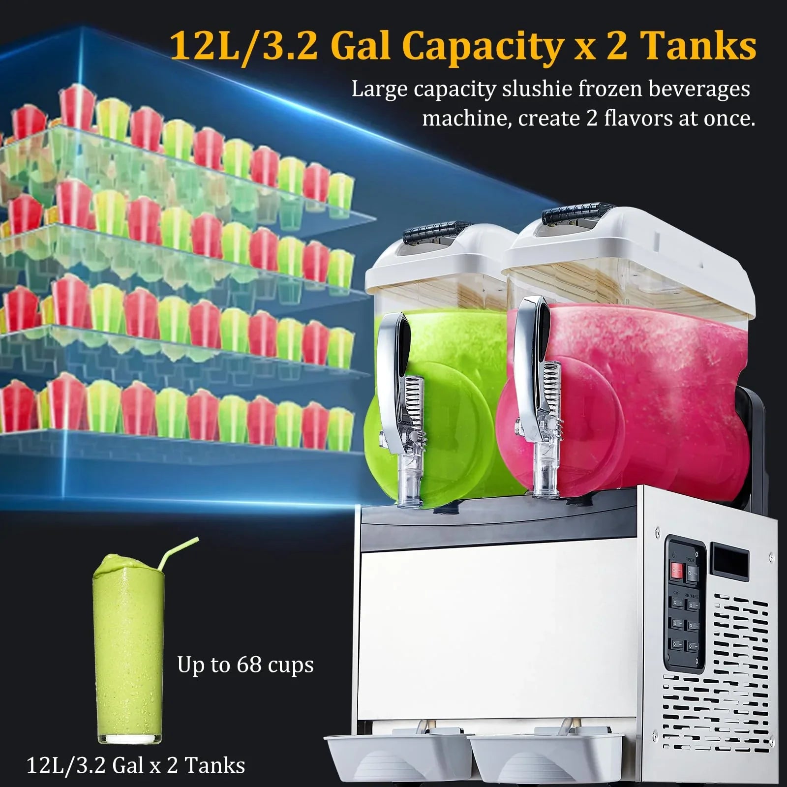 Garvee Commercial Slushy Machine 24L Double Tank , 700 Watts Rapid Refrigeration & Blending , Stainless Steel & PC , Easy Maintenance & Considerate Features , Restaurants Cafes Bars