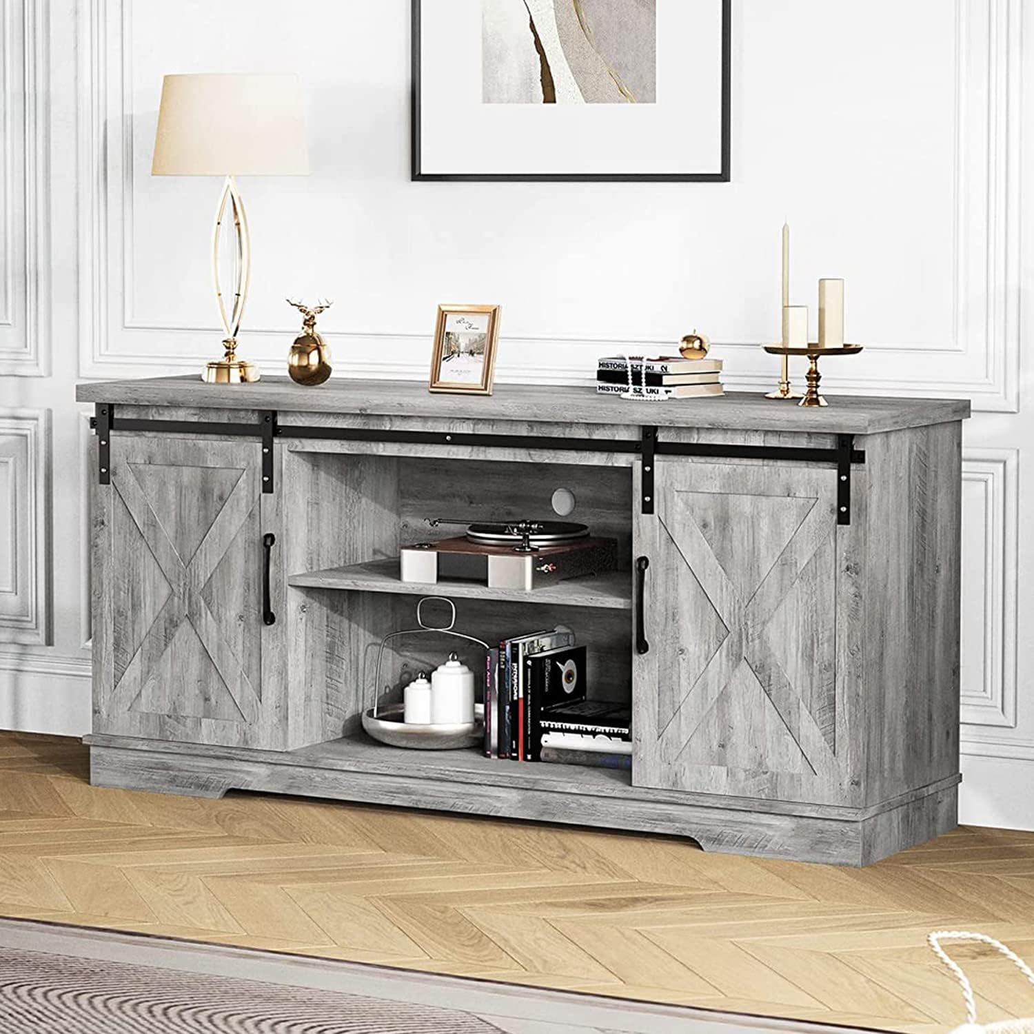 Garvee 59 inch Farmhouse TV Stand, Cabinet with Barn Doors, Wood Media Console for Living Bedroom, 250 lbs Capacity, Grey