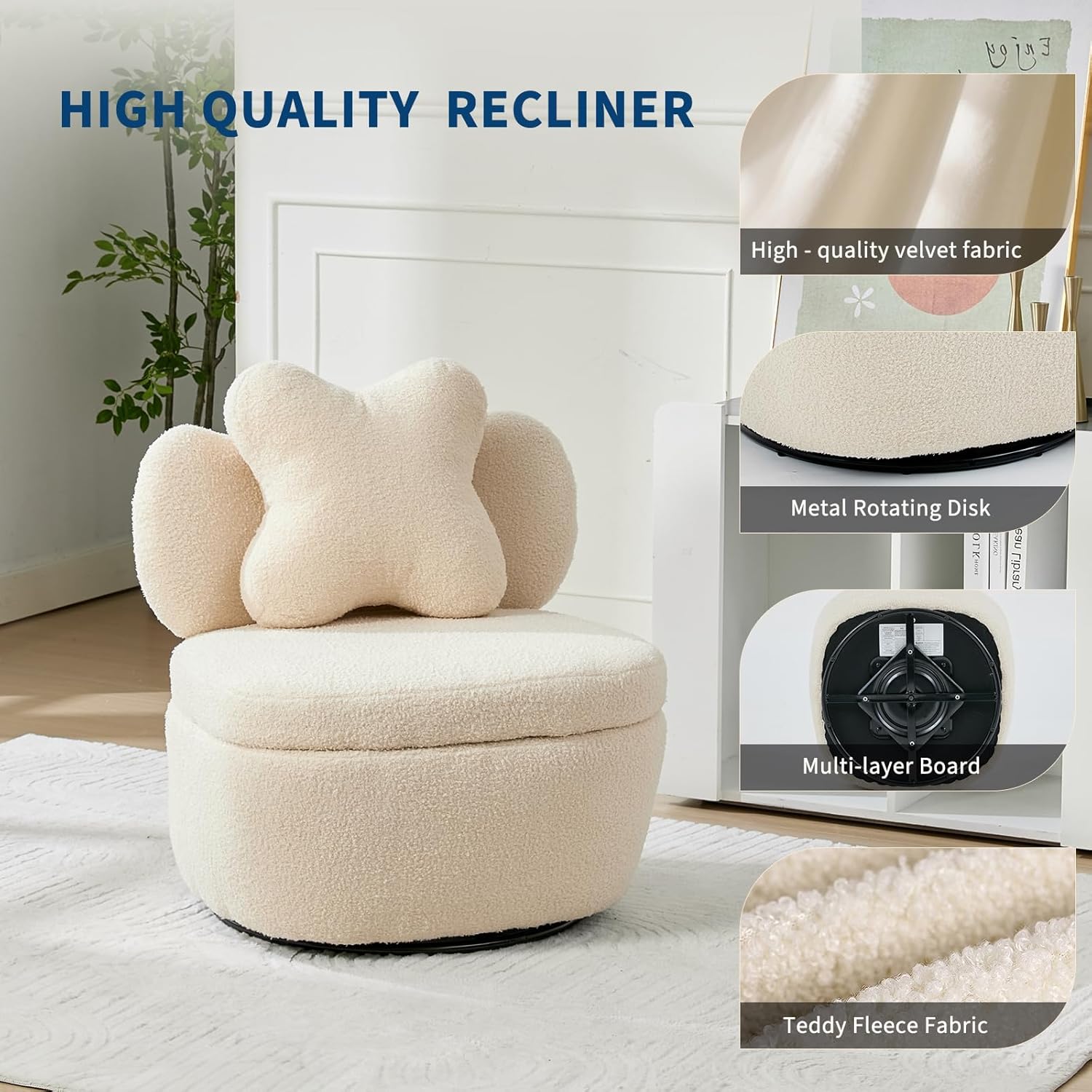 Garvee 360° Swivel Armchair with Storage, Teddy Velvet Accent Chair with Pillow, Ergonomic Design, 300 Lbs Capacity, Easy Assembly, Modern Lounge Chair for Living Room, Bedroom & Office, Camel