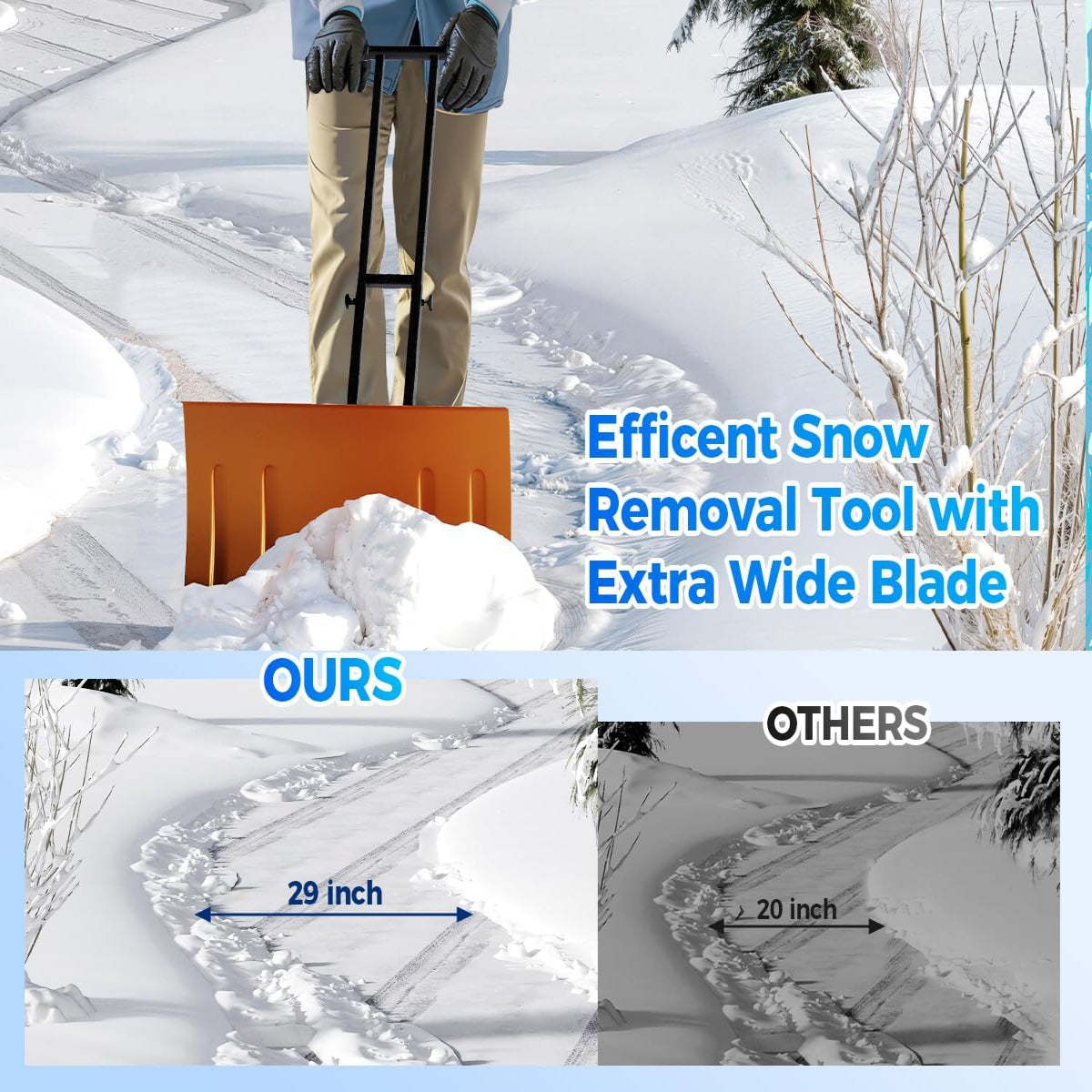 Garvee 29"W X 19"H Snow Pusher Shovel with Wheels - Heavy Duty Steel, 5-Position Adjustable Blade, Ergonomic Handle, Anti-Skid Wheels, Powder-Coated, Orange, for Driveway & Sidewalk