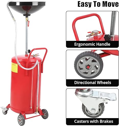 Garvee 18 Gallon Adjustable Oil Drain Tank – Pneumatic Waste Oil Drainer with 17.8" Funnel, 39.37-63.78" Height Range, Level Display & Brake Wheels for Auto Shops & Home Use