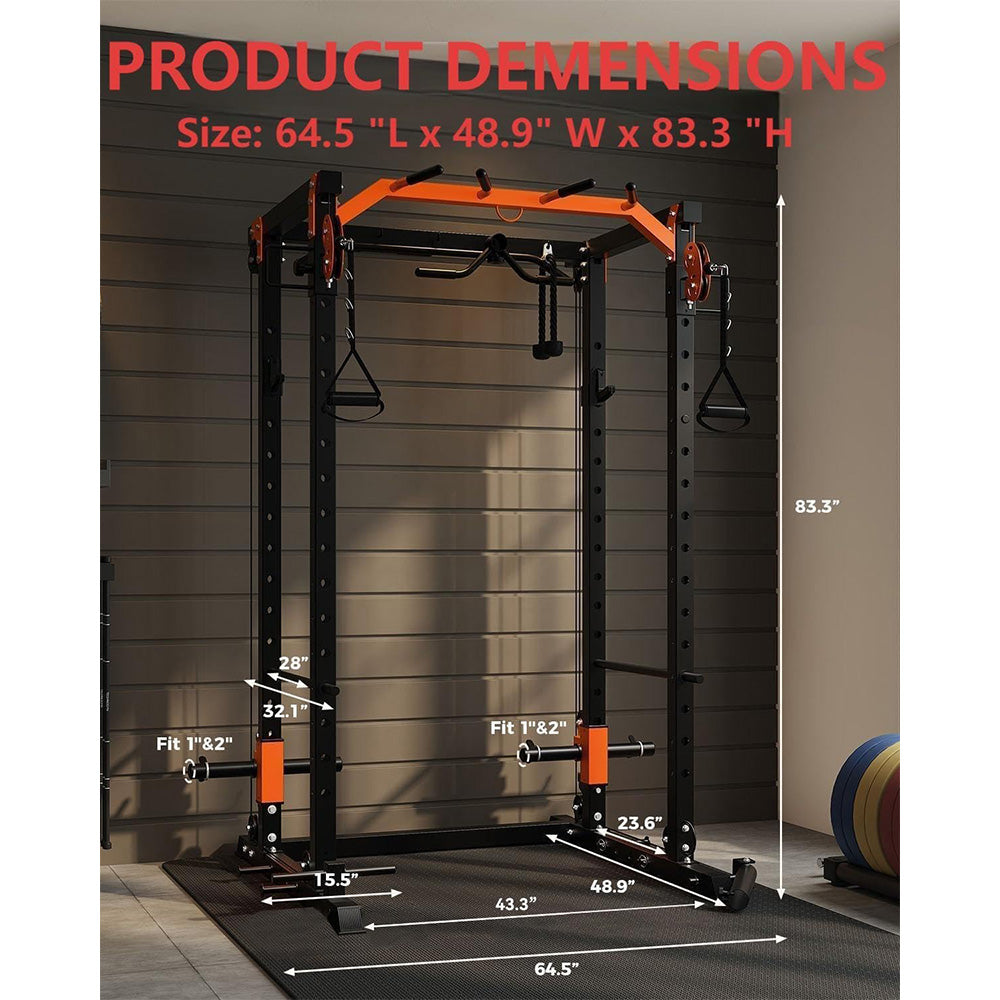 Garvee Power Cage Power Rack with Dual Pulley System Multi-Function Squat Rack with Cable Crossover Home Gym Black
