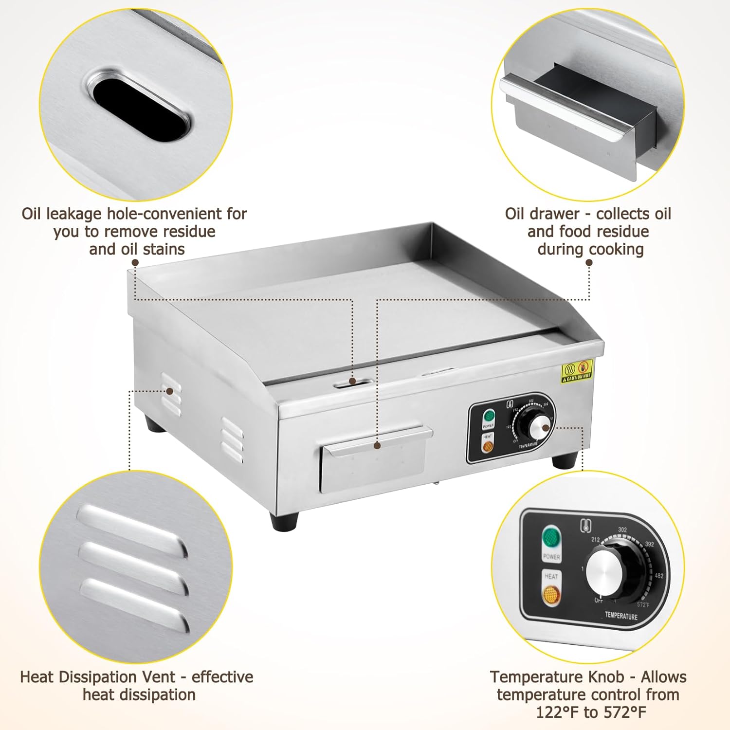 Garvee 22-Inch Commercial Electric Grill 1600W Non-Stick Stainless Steel Adjustable Temp 122°F-572°F for Home & Restaurant(WITH PLUG)