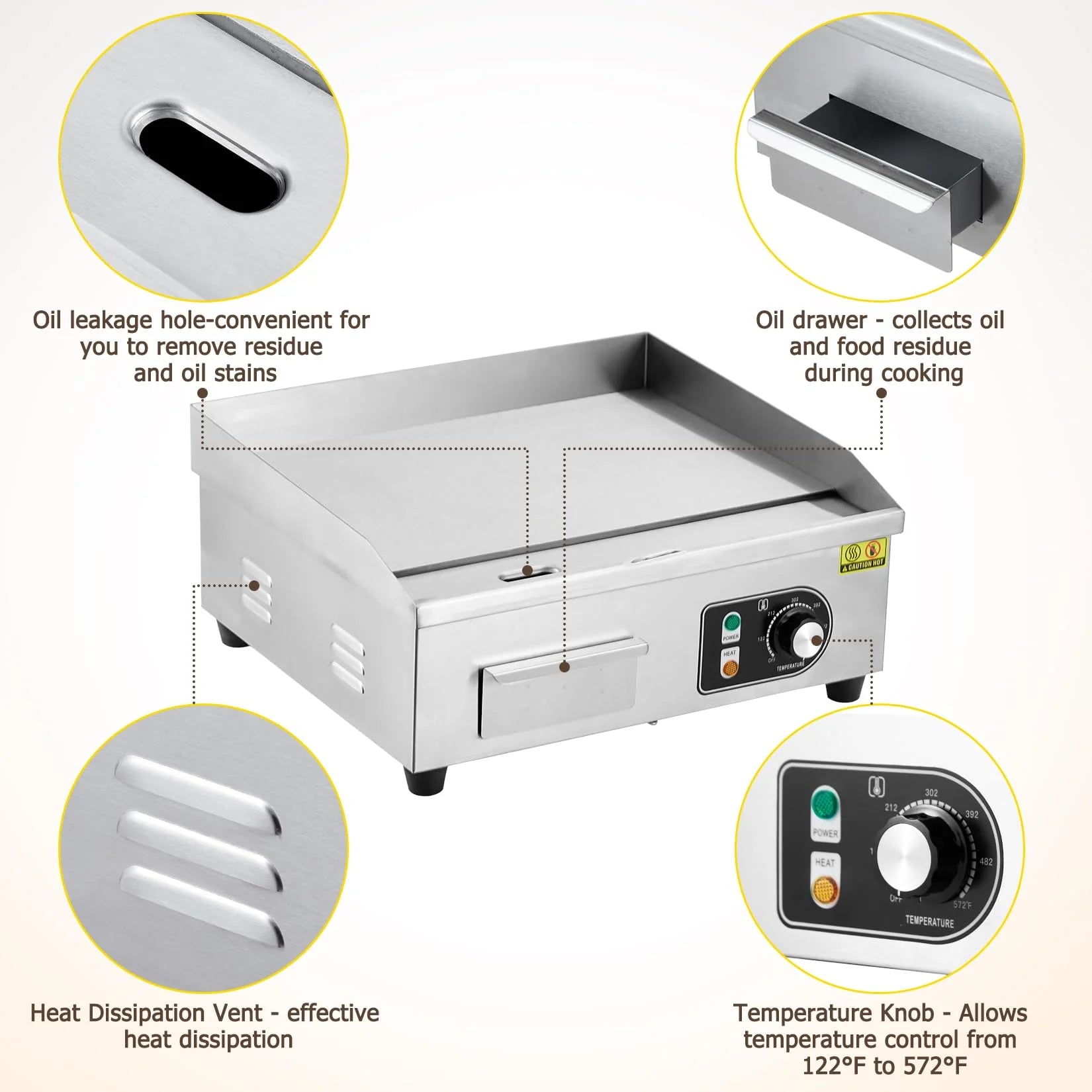 Garvee 14-Inch Commercial Electric Grill 1500 Watts Non-Stick Stainless Steel Adjustable Temp 122°F-572°F for Home & Restaurant(WITH PLUG)