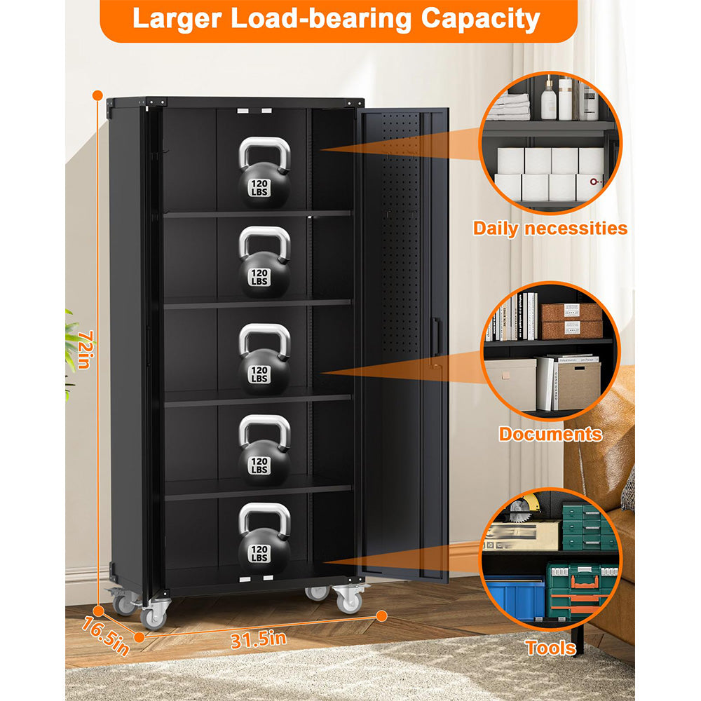 Garvee Metal Storage Cabinet 72"H with Wheels, Steel Tool Cabinet with Pegboard, Lockable Rolling Garage Cabinet for Home, Garage, Office, Black