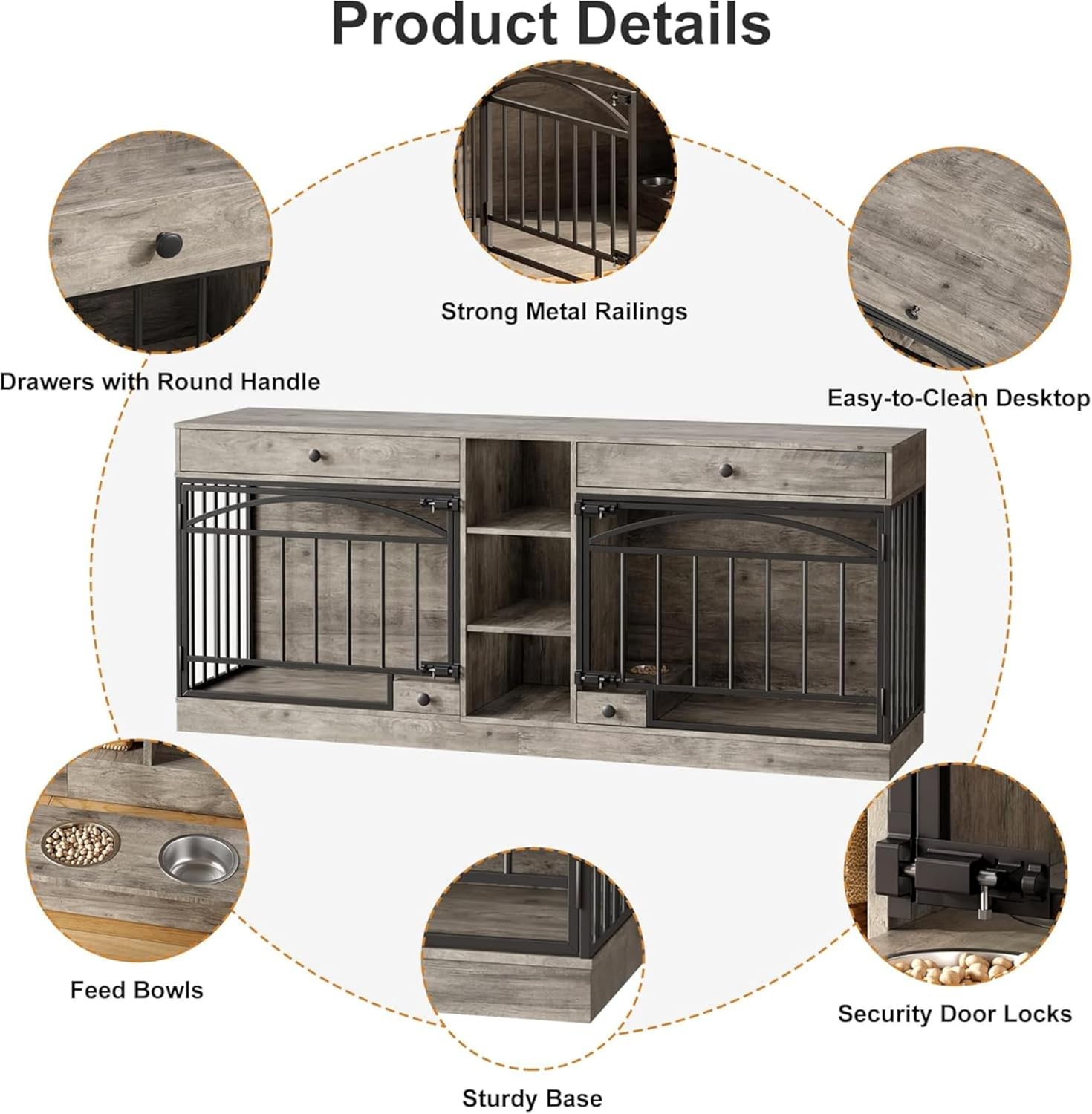 Garvee Dog Crate Furniture for 2 Dogs, 78.7" Large Dog Kennel Indoor with 2 Storage Drawers, 3 Shelves and Feeding Bowls, Double Dog Crate TV Stand for Small and Medium Dogs, Gray