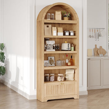 Garvee 72" Tall Arched Bookshelf with Storage Drawer – 6-Tier Bookcase Cabinet with Open Shelves & Metal Handle, Arch Display Storage Cabinet for Living Room, Kitchen, Home Office
