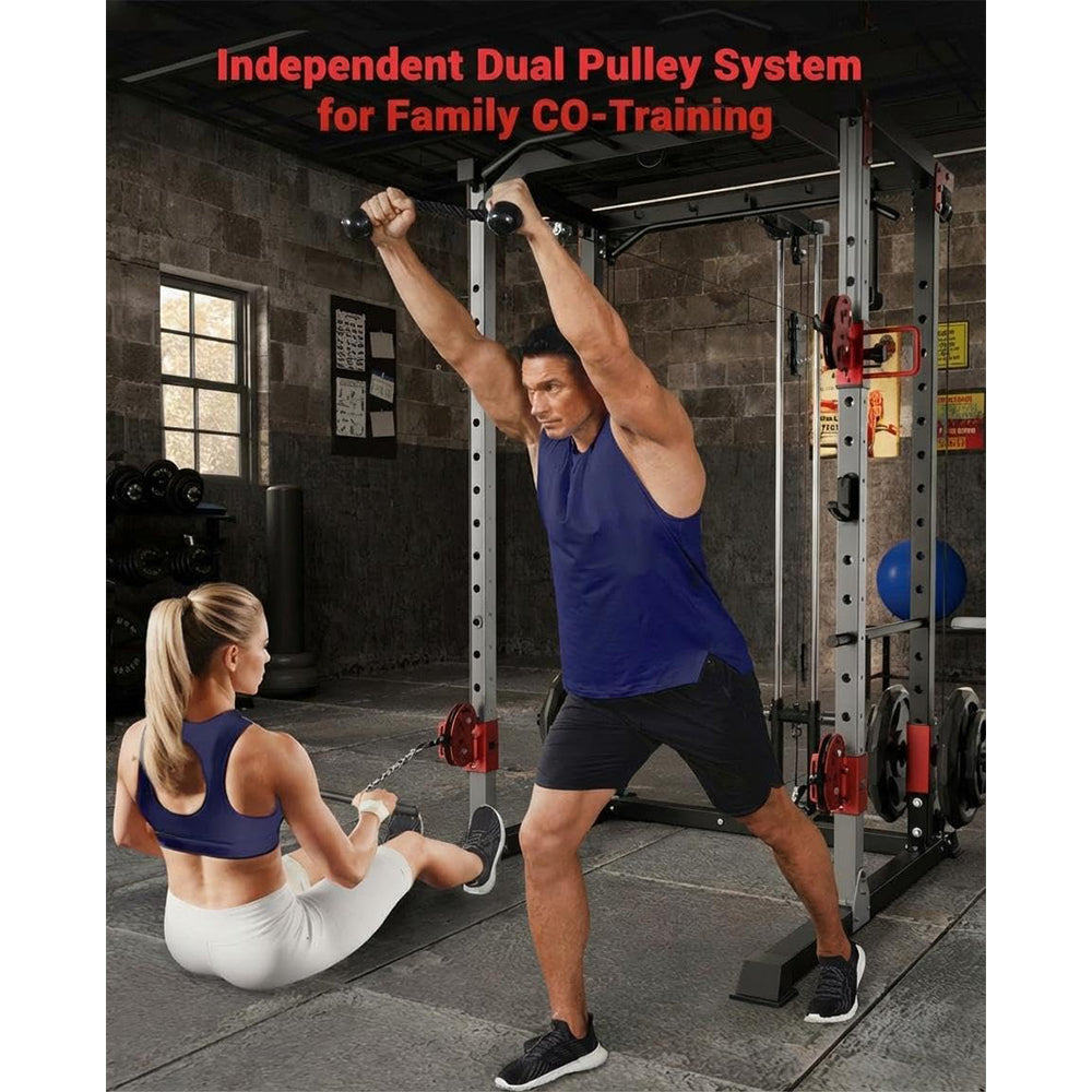 Garvee Power Cage Multi-Functional Power Racks with Dual Pulley Systems for Home Gym 1200 LBS Steel Frame Fitness Squat Rack Black