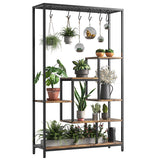 Garvee Indoor Plant Stand 5-Tier Tall 70.9", Large Metal Plant Shelf with Hanging Hooks, Multi-Purpose Display Rack, Flower Bonsai Pots Organizer for Garden, Balcony, Living Room, Brown - Brown