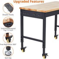 Garvee 48x24 Inch Adjustable Workbench for Garage Workbench, Rubber Wood Top Heavy-Duty Worktable Adjustable Workstation with 4 Rolling Casters, 2000 LBS Load Capacity Work Table for Workshop Office, Power Outlets
