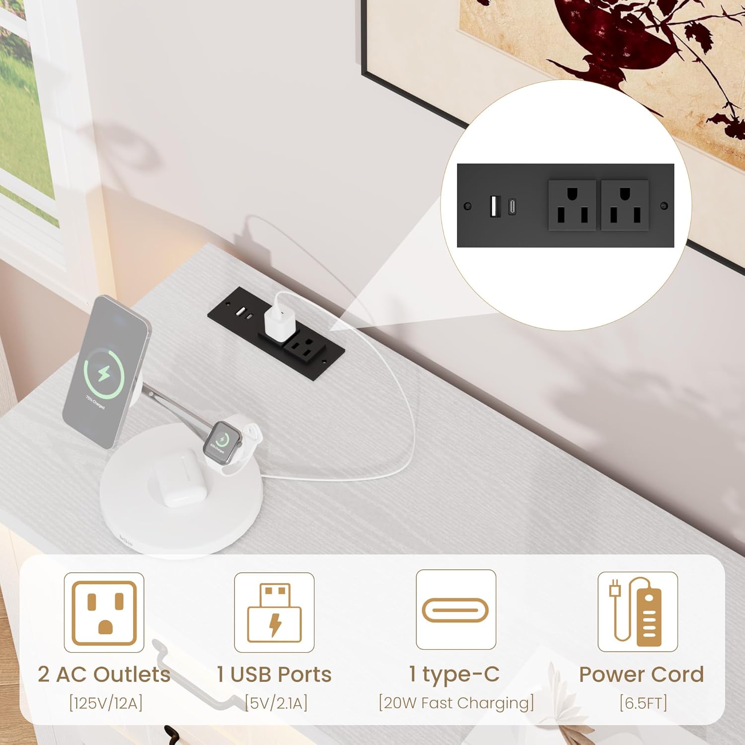 Garvee 6 Drawer Dresser with Power Outlet, White Dresser with LED Light, Modern Chest of Drawers for Closet, Double Wide Drawer Organizer Cabinet for Bedroom, Living Room