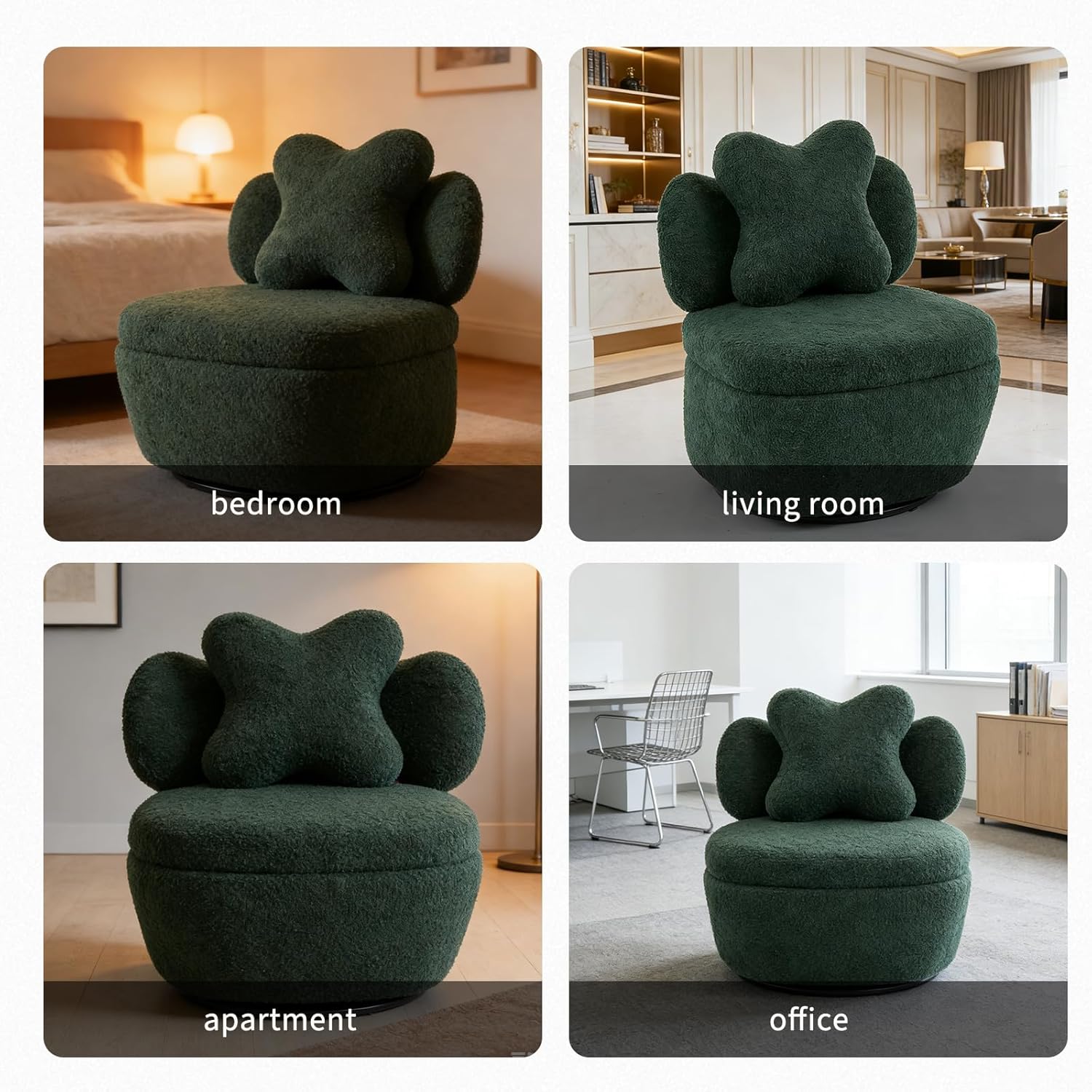 Garvee 360° Swivel Armchair with Storage, Teddy Velvet Accent Chair with Pillow, Ergonomic Design, 300 Lbs Capacity, Easy Assembly, Modern Lounge Chair for Living Room, Bedroom & Office, Green