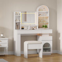 Garvee Arched Vanity Desk with Mirror and Lights, White Makeup Vanity Table with 3 Drawers and 11 Storage Shelves, Large Dressing Table with Outlet, Light Strip & Vanity Stool for Bedroom
