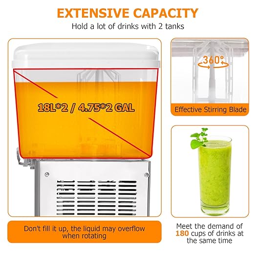 GARVEE 36L (9.6 Gallon) Commercial Juice Dispenser, 2 Tanks 280W, Stainless Steel Beverage Dispenser for Multi-Occasion Use
