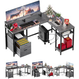 Garvee L Shaped Computer Desk 67" Reversible Gaming Desk with Power Outlet, File Drawer, 2 Monitor Stands, Adjustable Storage Shelf, Rustic Gray, Home Office - grey