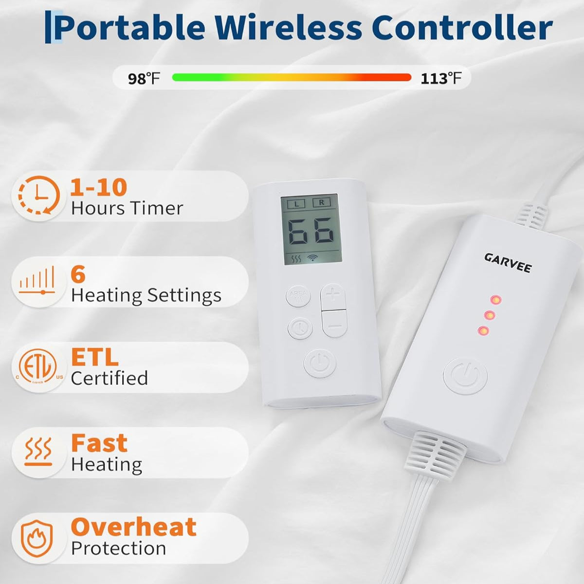 Garvee Heated Comforter Blanket King Size, Ruffle Electric Quilt with Wireless LCD Controller, Fast Heating & Overheat Protection, ETL Certified, Machine Washable, White, 104"x90"