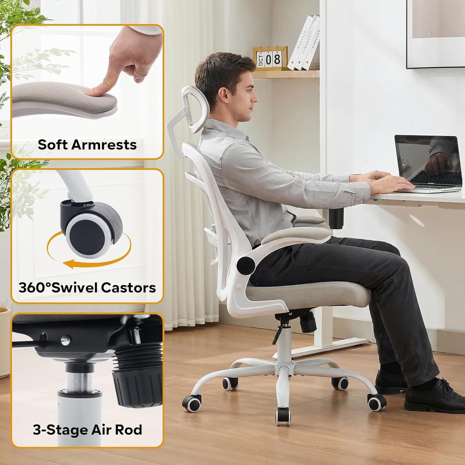 Garvee Ergonomic Office Chair, 300 LBS Capacity, High Back Mesh Desk Chair with Wheels, Flip-Up Armrests, Comfortable Lumbar Support Gaming Chairs for Home Office, Bedroom, Study, Beige