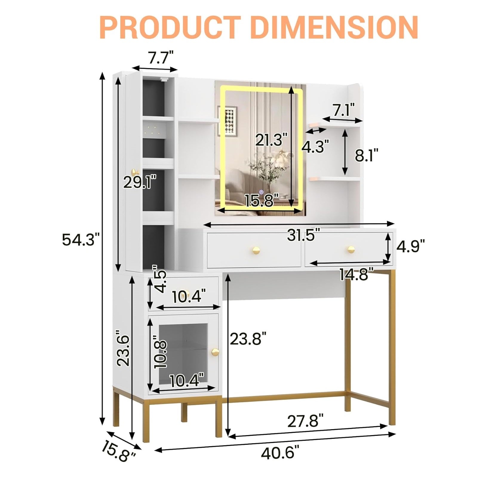 Garvee Vanity Desk with Light & Mirror, Vanity Table with Charging Station & Cabinet
