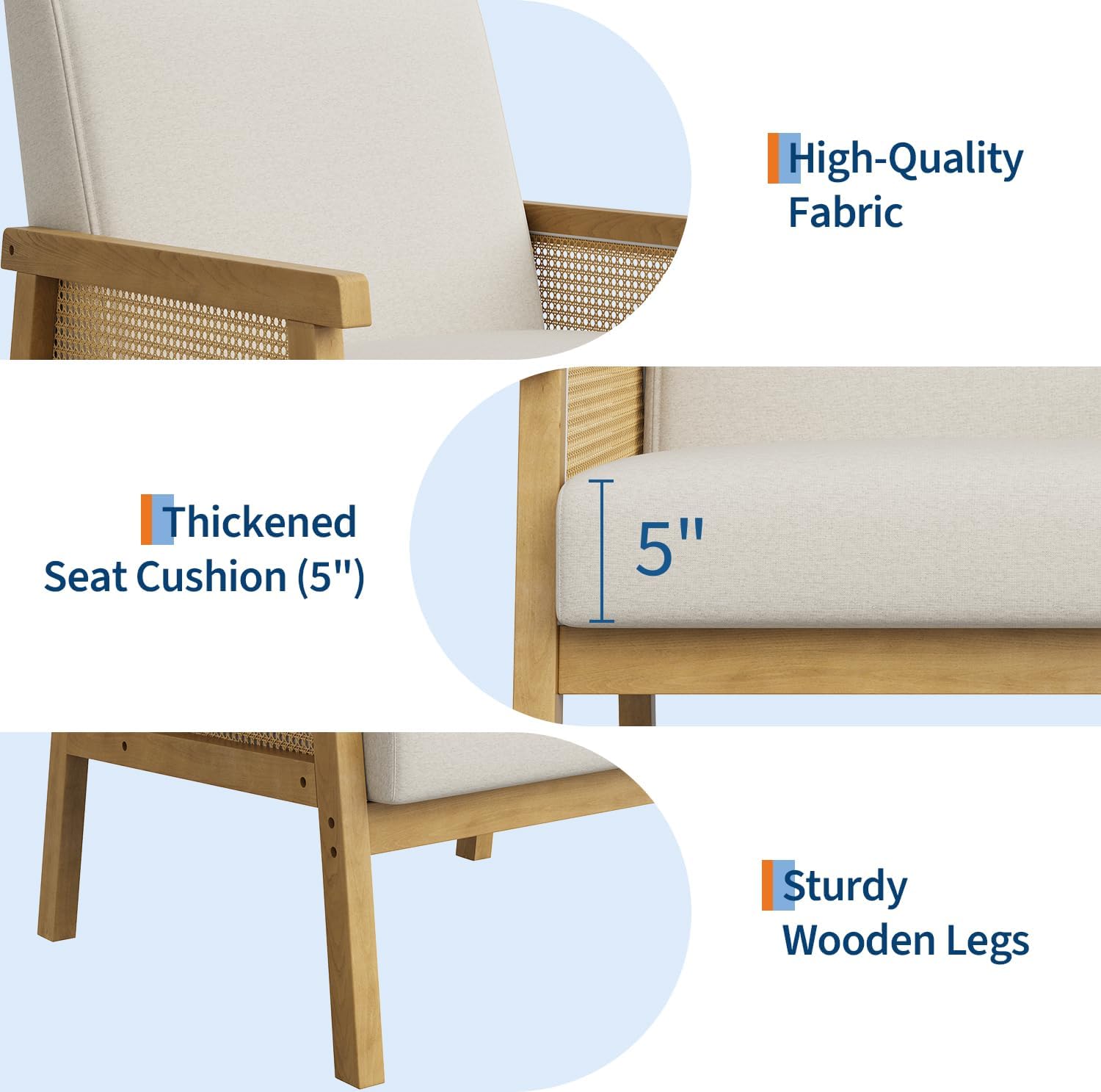 Garvee Mid Century Modern Accent Chair, Linen-Look Fabric Living Room Chair with Sturdy Wood Legs, Thickened Seat Cushion and PE Rattan Woven Decoration, Armchair for Bedroom, Reading Room, Ivory