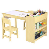 Garvee Kids Art Table with 2 Chairs, Toddler Craft Play Wood Activity Desk with Large Storage Shelves,Wood Activity Desk for Writing Drawing Suitable for Nursery & Classroom - Natural