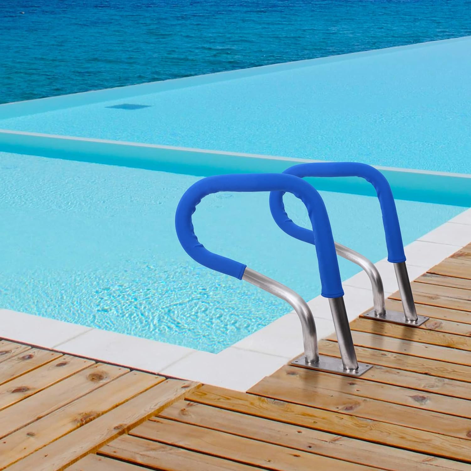 Garvee 32"x23" Stainless Steel Pool Handrail - Rustproof 304 Steel, 250 lbs Load Capacity with Blue Grip Cover for Inground Swimming Pools