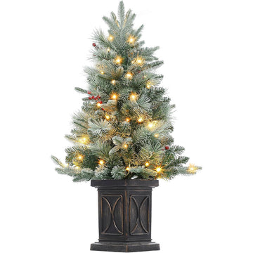 Garvee 3ft Christmas Tree, Pre-Lit Christmas Tree Tabletop with 78 Warm White Lights, Artificial Christmas Tree with Berry Clusters, Battery Operated, Flocked Potted Christmas Tree for Front Door, Porch