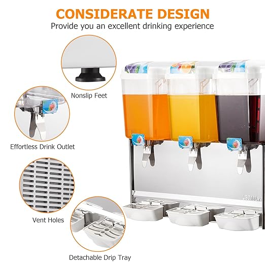 GARVEE 54L (14.4 Gallon) Commercial Juice Dispenser, 3 Tanks 380W, Stainless Steel Beverage Dispenser for Tea, Drink, Commercial Use