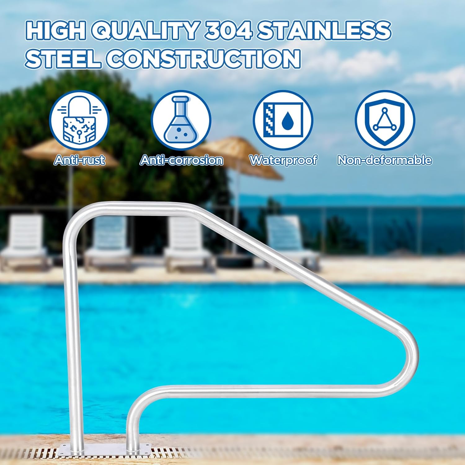 Garvee Pool Handrail 50x36 Pool Rail 304 Stainless Steel Silver Rustproof Pool Stair Rail with Blue Grip Cover Humanized Swimming Pool Railing, Quick Mount Accessories for Pools and Spas